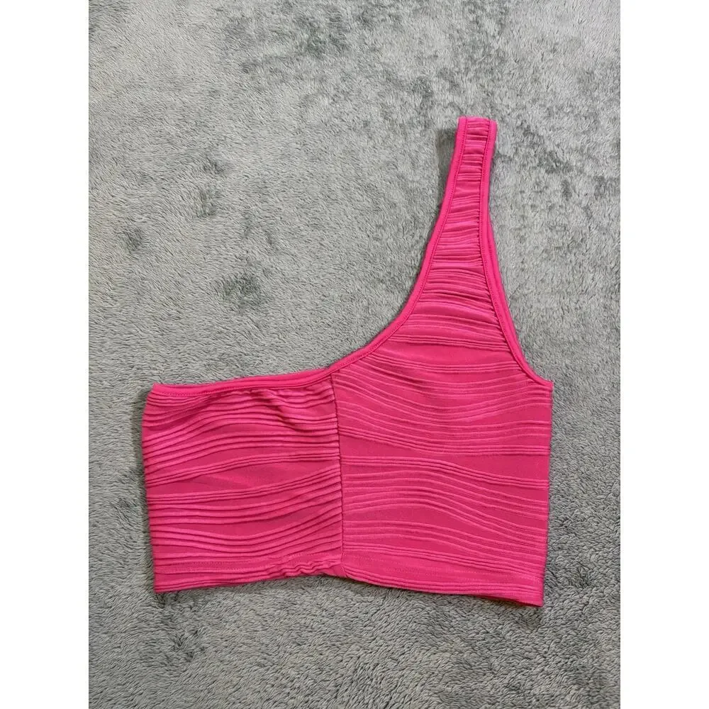 Lishly Pink Knit One Shoulder Cropped Sleeveless Tank Top Size S - Picture 3 of 3